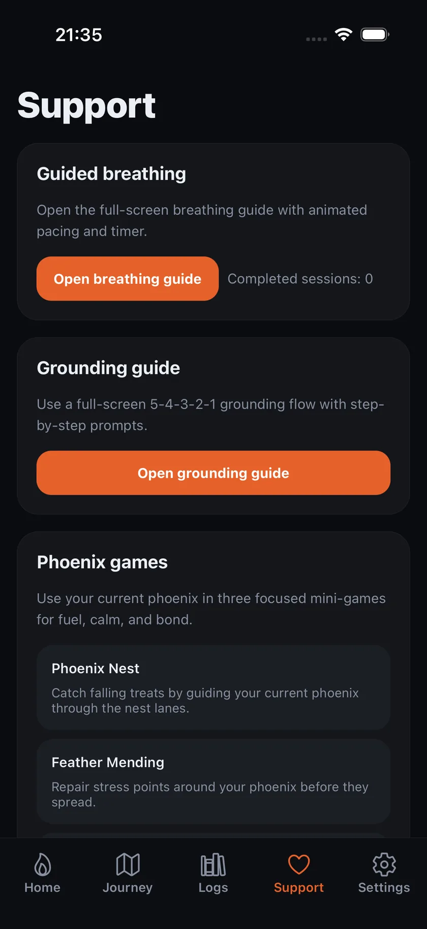 Ashrise support screen with breathing, grounding, and phoenix game entry points